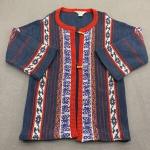 Vintage 70s Kmart Southwestern Cardigan Womens L Red Blue Stripe Boho Geometric